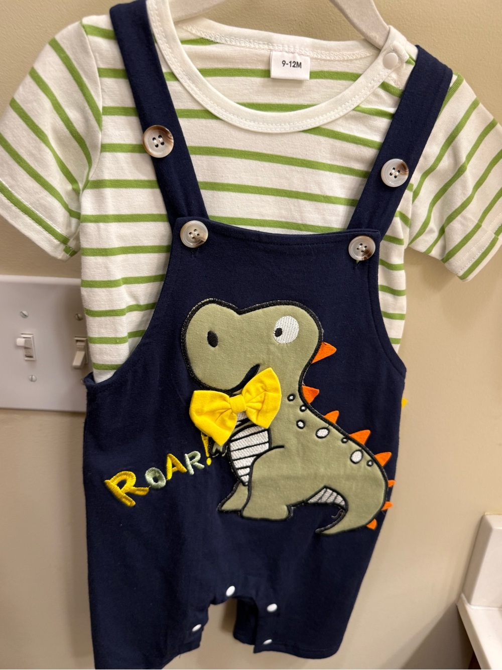 Navy Dinosaur Romper with Green Stripe Tee - Baby Overalls Set